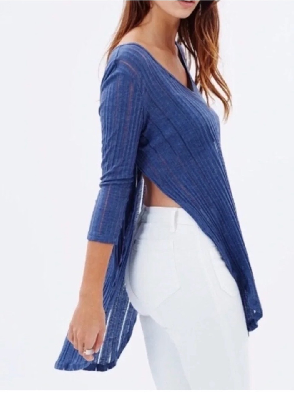 Free People Blue Ribbed V-Neck Side-Slit Tunic